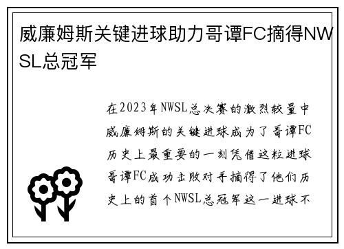 威廉姆斯关键进球助力哥谭FC摘得NWSL总冠军 威廉姆斯关键进球助力哥谭FC摘得NWSL总冠军