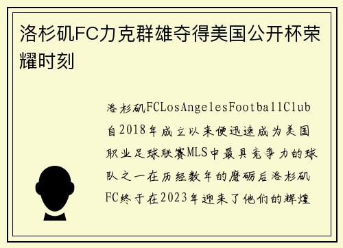 洛杉矶FC力克群雄夺得美国公开杯荣耀时刻 洛杉矶FC力克群雄夺得美国公开杯荣耀时刻